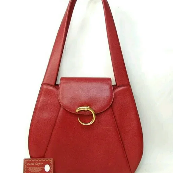 HOST PICK RARE Cartier Vintage PANTHERE Leather CALF red gold tote Shoulder bag - Picture 1 of 8